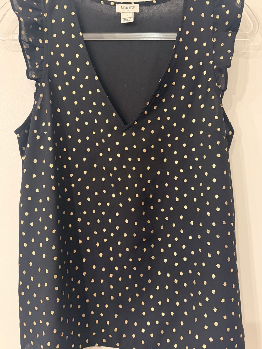 J.Crew Black & Gold Metallic Dot Flutter Sleeve V-Neck Blouse Size 4